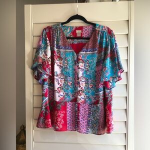 Chico's Blue and Pink V-Neck Flutter Sleeve Boxy Top